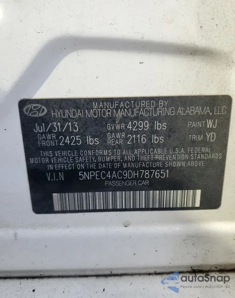 2013 Hyundai Sonata Se from USA, damaged, VIN 5NPEC4AC9DH787651